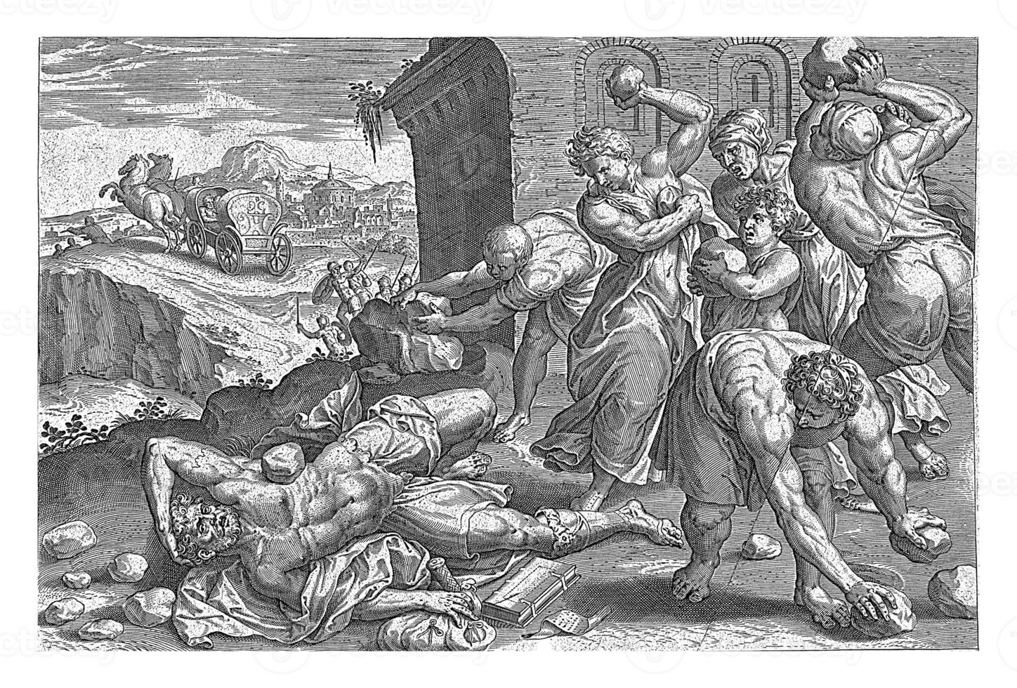 Stoning of Adoniram, Hans Collaert I attributed to, after Ambrosius Francken I, 1585 photo
