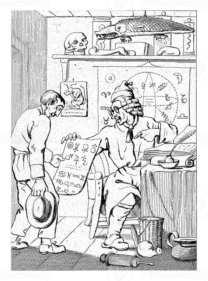 Man shows a sheet with the symbols of the zodiac to another figure, Daniel Veelwaard I, after Jacob Smies, 1833 photo