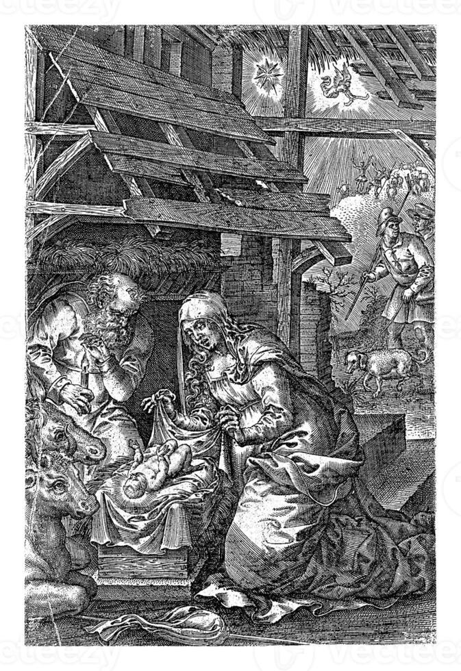 Birth of Christ, Johannes Wierix, after Pieter van der Borcht I, 1573 The Virgin puts a sheet over the Christ Child photo