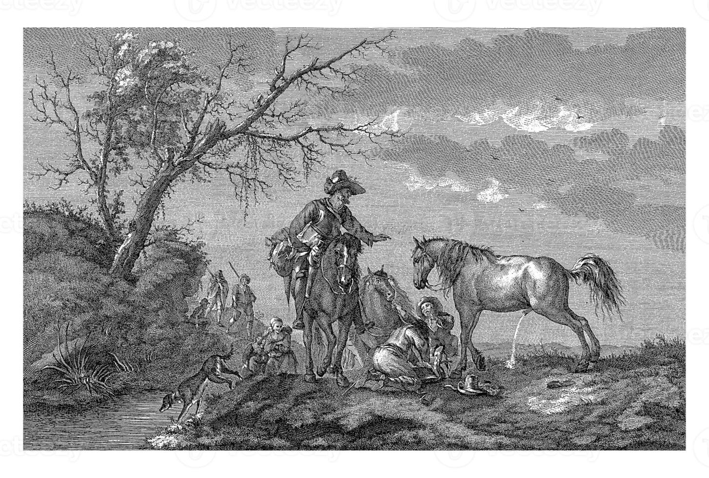 paisaje con de viaje empresa y orinar caballo, michel picquenot, después felipe hombre mujer, 1757 - 1814 foto