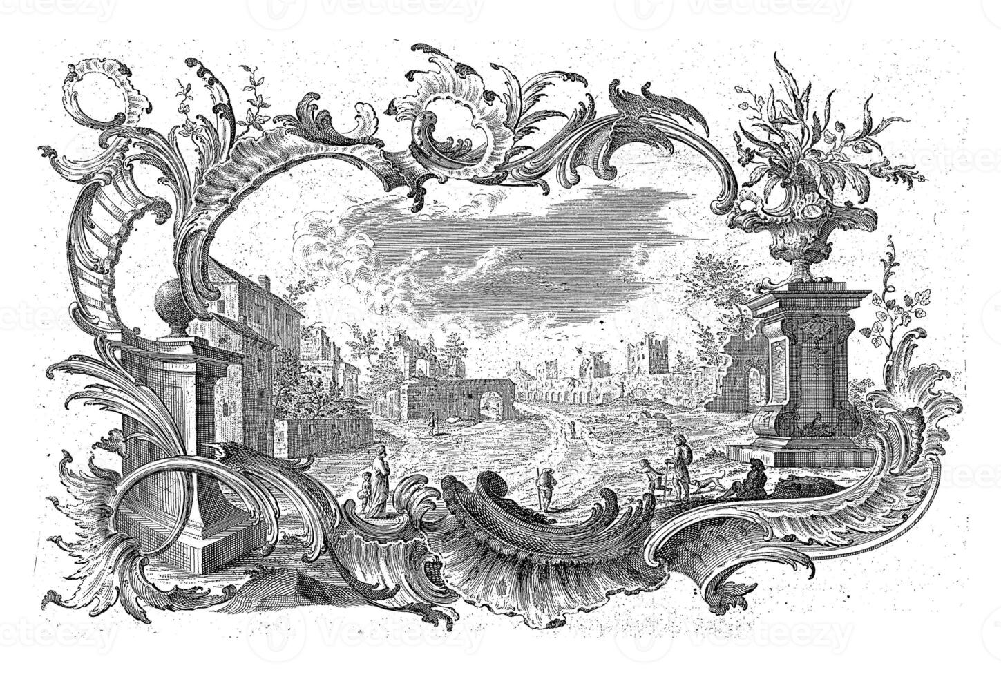 Ruins in a rocaille cartouche, Emanuel Eichel, after Franz Xaver Habermann, 1731 - 1775 photo