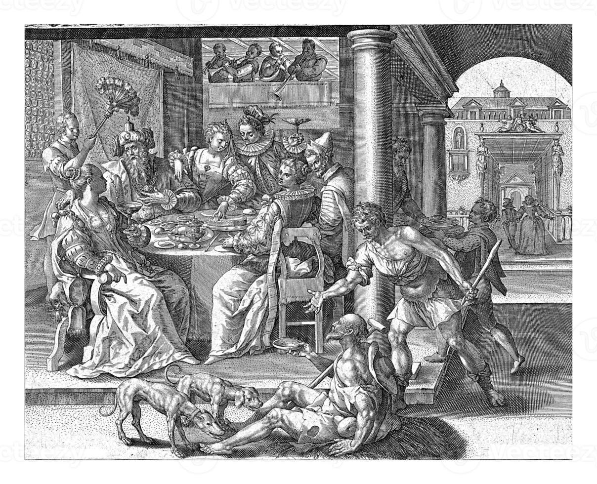 Lazarus begs in the house of the rich man, Crispijn van de Passe I, after Maerten de Vos, 1589 - 1611 photo