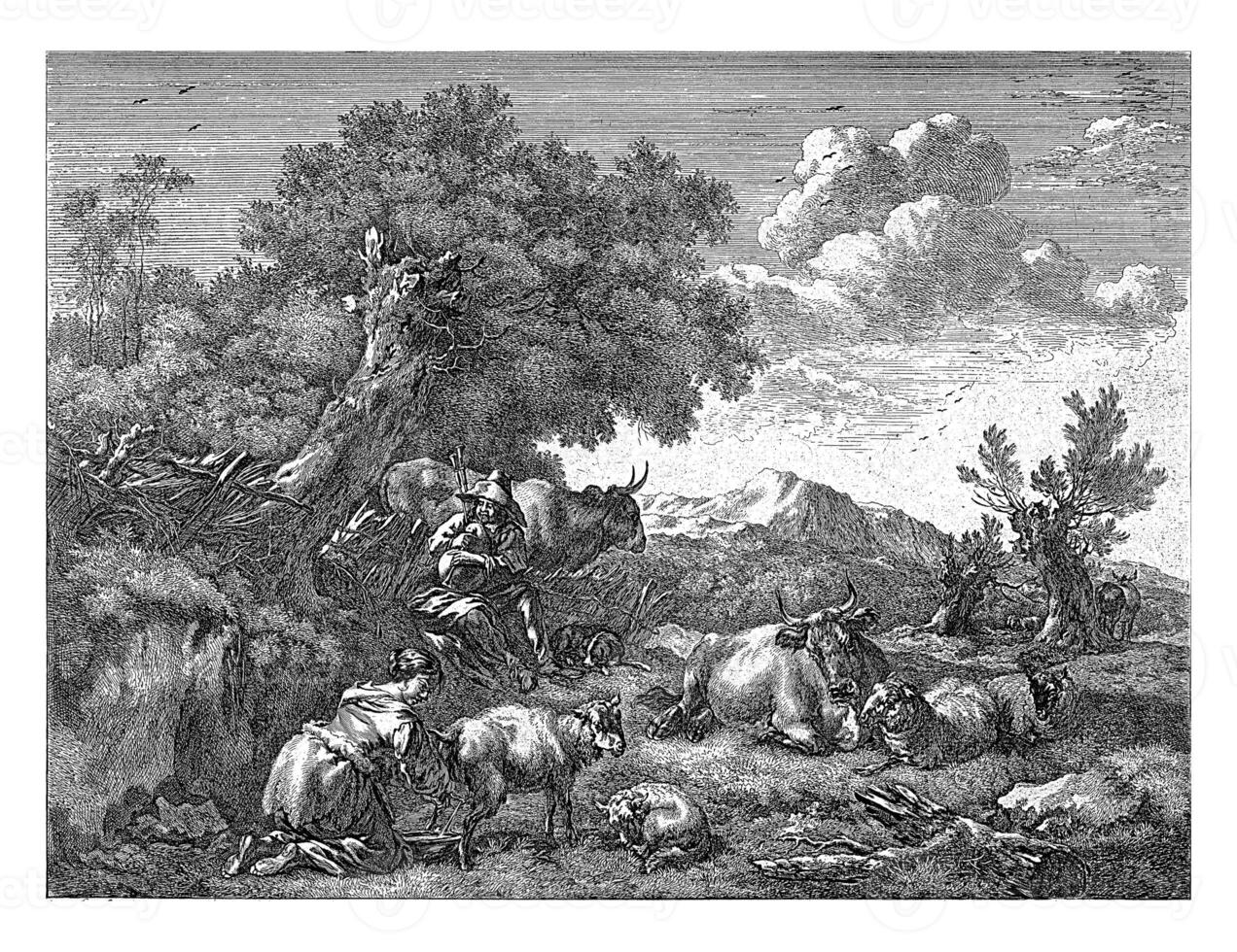 pastor obras de teatro gaita mientras un niña leches un oveja, ene Delaware visscher, después nicolas pietersz. berchem, 1670 - 1726 foto
