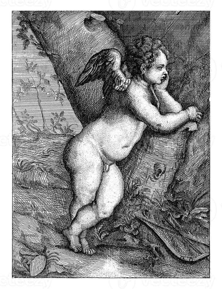 Amor Musing by a Tree Trunk, Paulus Moreelse, after Titian, 1581 - 1638 photo