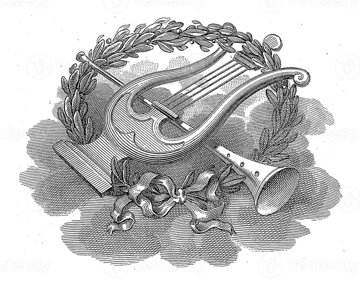 Lyre, trumpet and laurel wreath, Philippus Velijn, 1834 photo