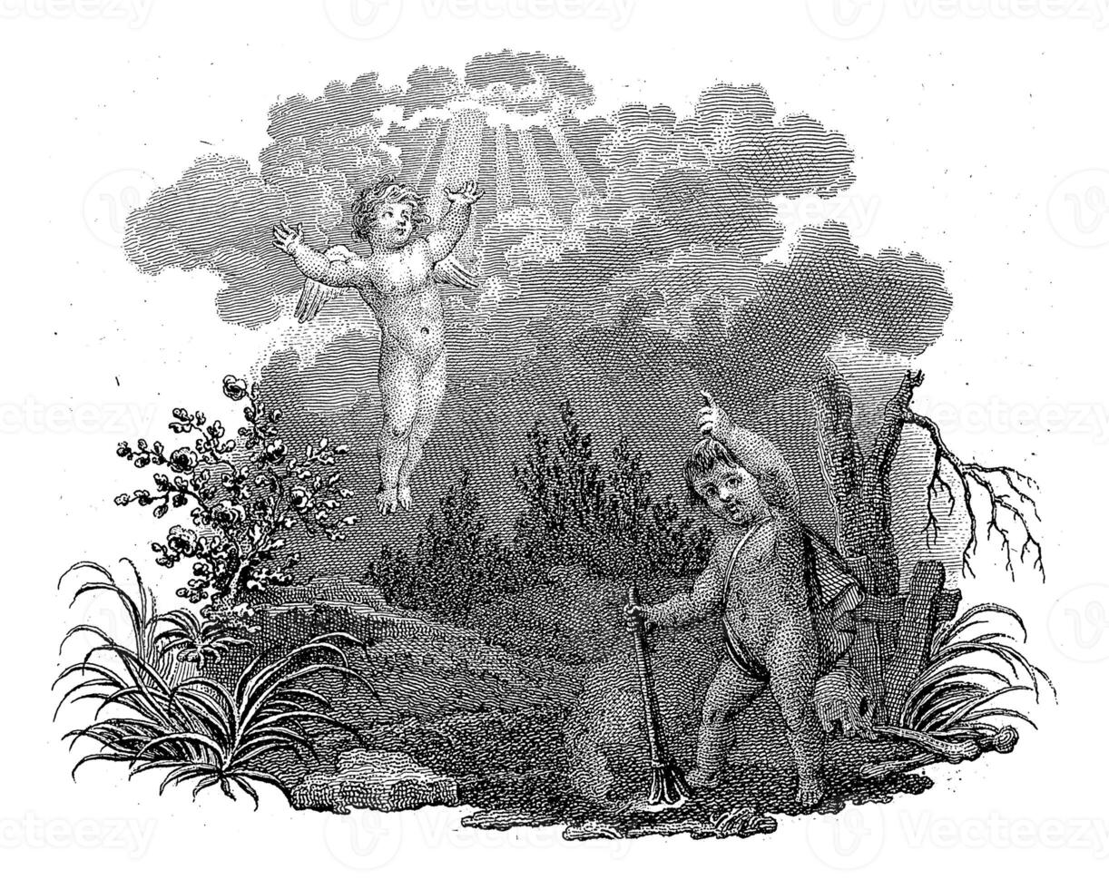 Floating putto and a putto with an extinguished torch photo