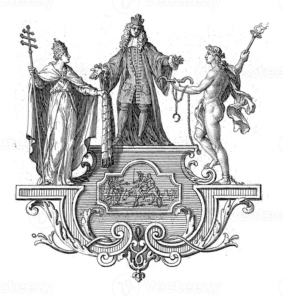 Francois de Maucroix flanked by the Church and Hymen, Bernard Picart, 1718 photo