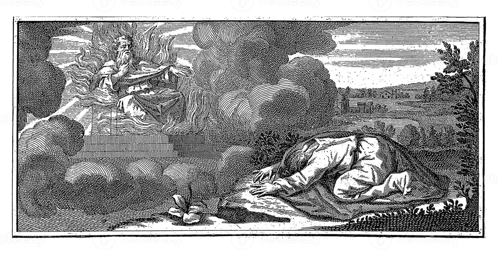 Allegorical or Biblical scene with a kneeling figure of a man on a throne with flames photo