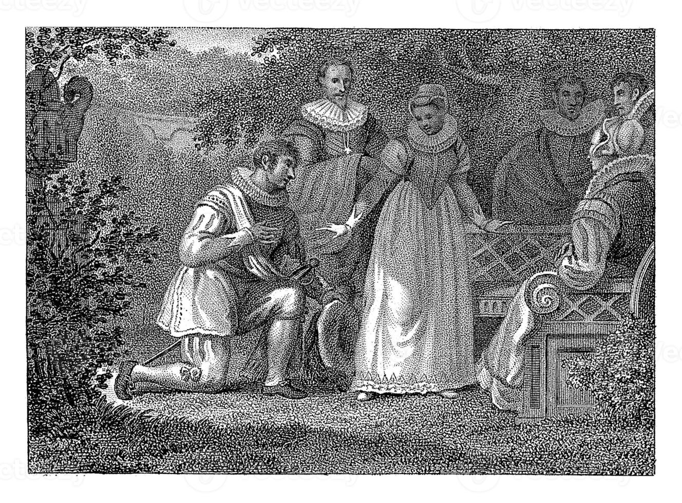 Man kneeling with a woman at a garden bench, Philippus Velijn, after Jacob Smies, 1811 photo