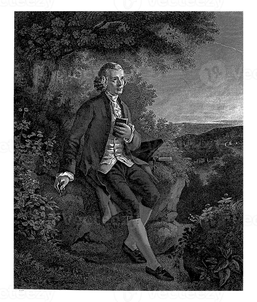 Portrait of Jean-Jacques Rousseau, Seated on a Rock in a Landscape, Hippolyte Huet, after Joseph Albrier, c. 1824 - 1835 photo