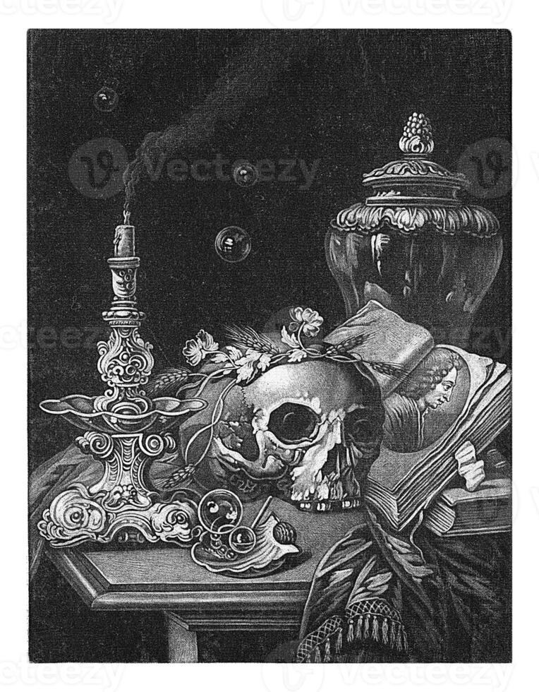 Vanitas still life with a flower-wreathed skull, Pieter Schenk I, 1670 - 1713 photo