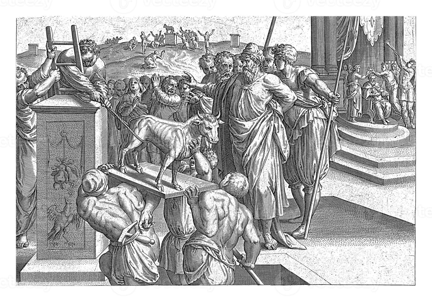 Jeroboam had two golden bull calves erected, Hans Collaert I attributed to, after Ambrosius Francken I, 1585 photo