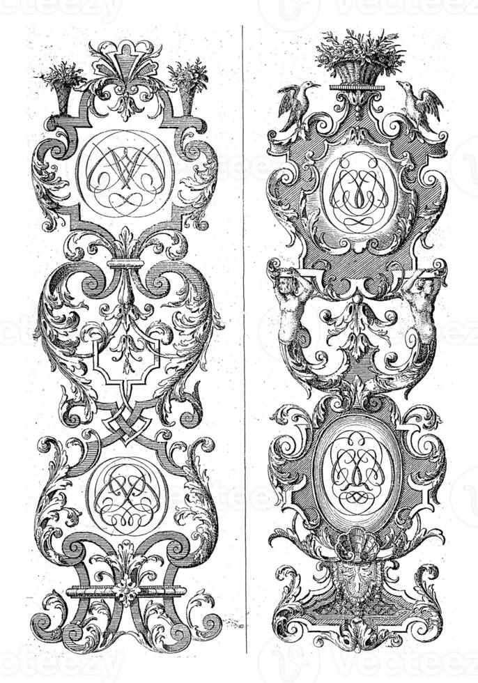 Two vertical ornaments of leaf vines and with monograms, Gerrit Visscher, 1690 - 1710 photo