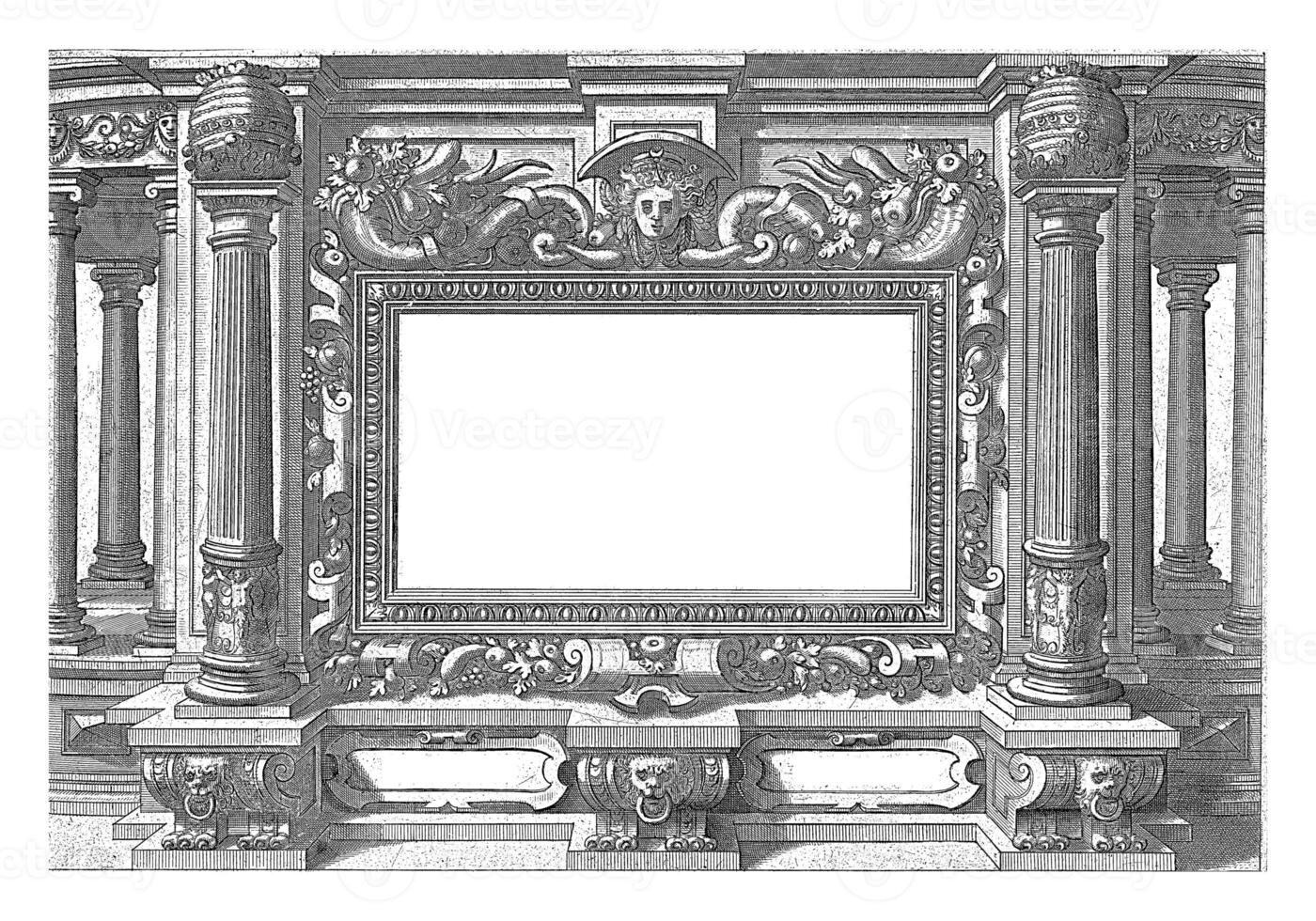 Architectural title print for a series of 13 prints depicting events from the New Testament that take place around the temple. photo