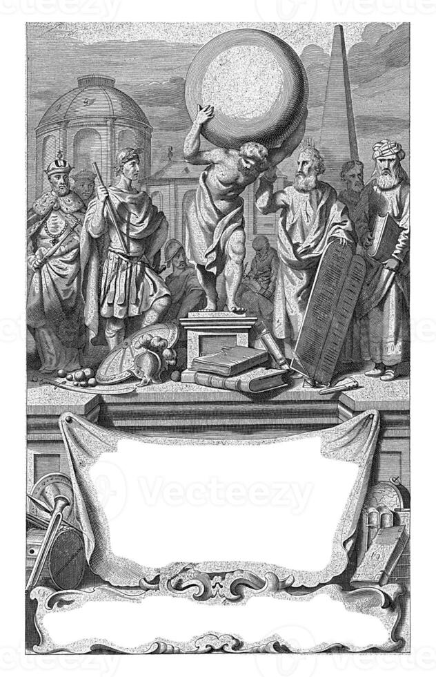 Biblical, mythological and historical figures with their attributes stand on pedestal with title, Wouter Jansz. Binneman, 1668 photo