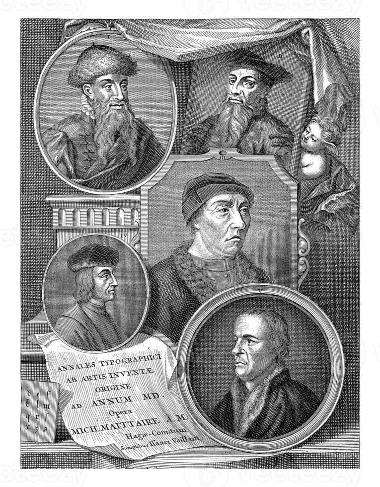 Portraits of J. Gutenberg, J. Fust, L.J. Coster, A. Manutius and J. Froben, Jacob Houbraken, 1719 photo