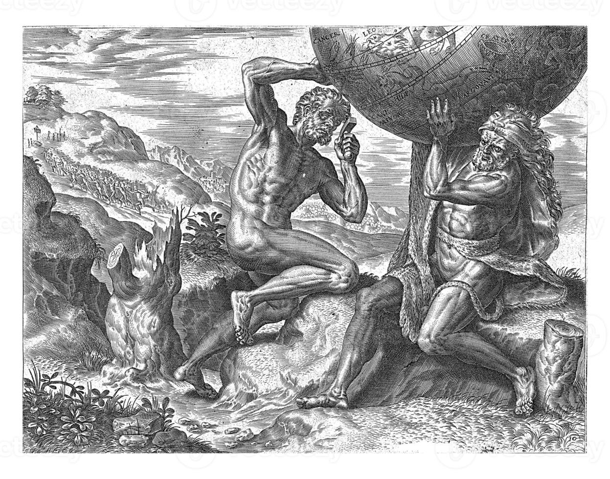 Hércules lleva el globo para atlas, cornelis corte, después franco floris i, 1563 foto