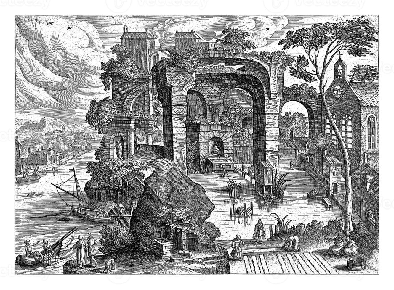 Landscape with Ruins and a Pond, Adriaen Collaert, after Hendrick van Cleve, 1587 photo