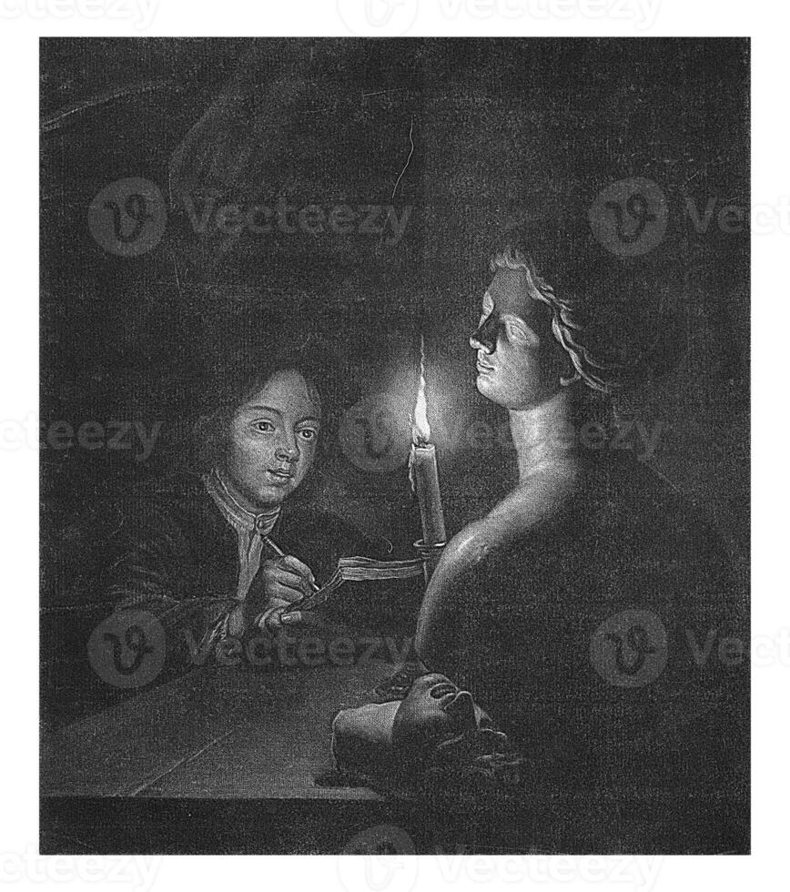 Young draftsman, Jacob Gole, after Godfried Schalcken, c. 1690 - c. 1720 photo