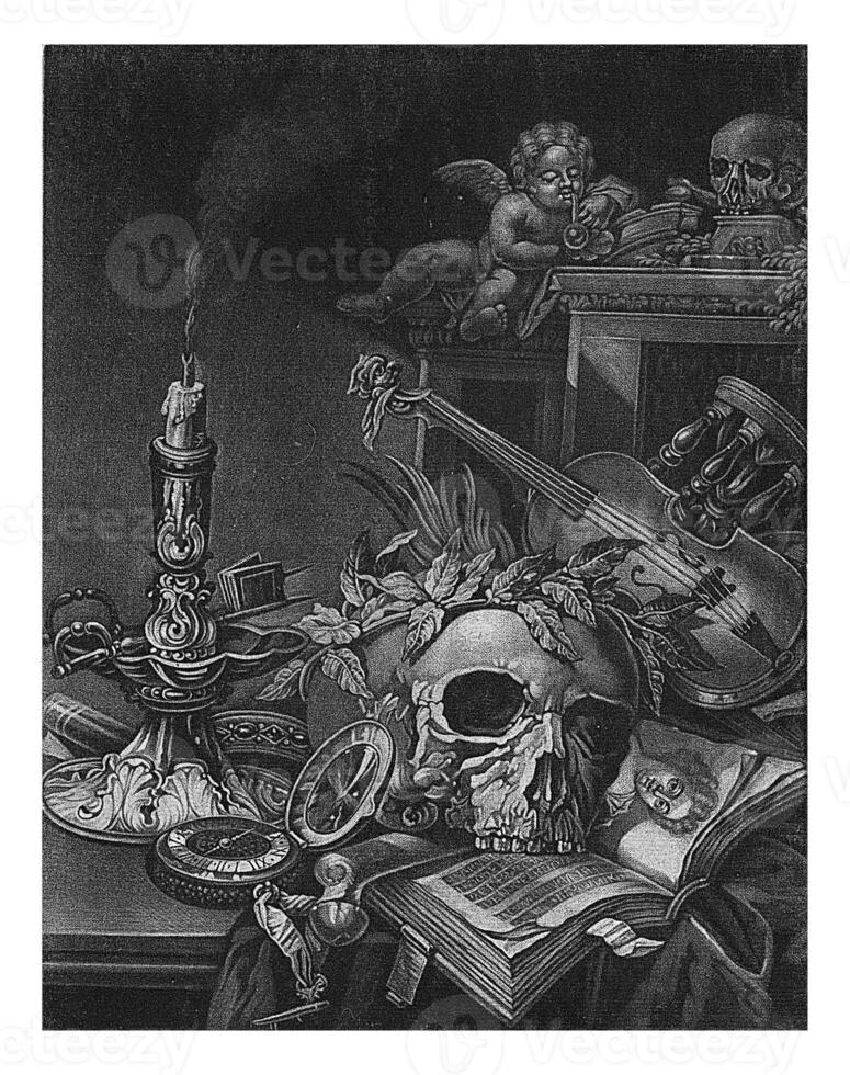 Vanitas still life with a skull and a violin, Pieter Schenk I, 1670 - 1713 photo