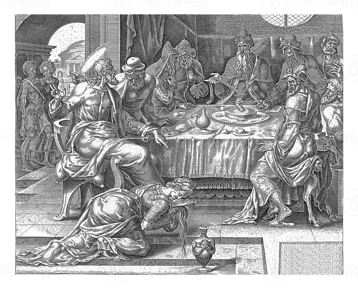 Christ Anointed by Mary Magdalene, Harmen Jansz Muller, after Maarten van Heemskerck, 1564 - 1568 photo