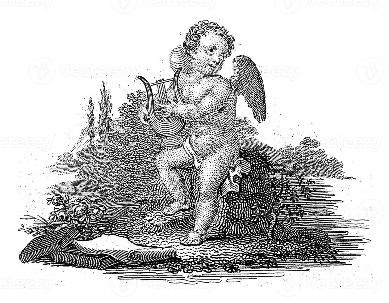 Angel playing a lyre in a landscape, Philippus Velijn, 1830 photo