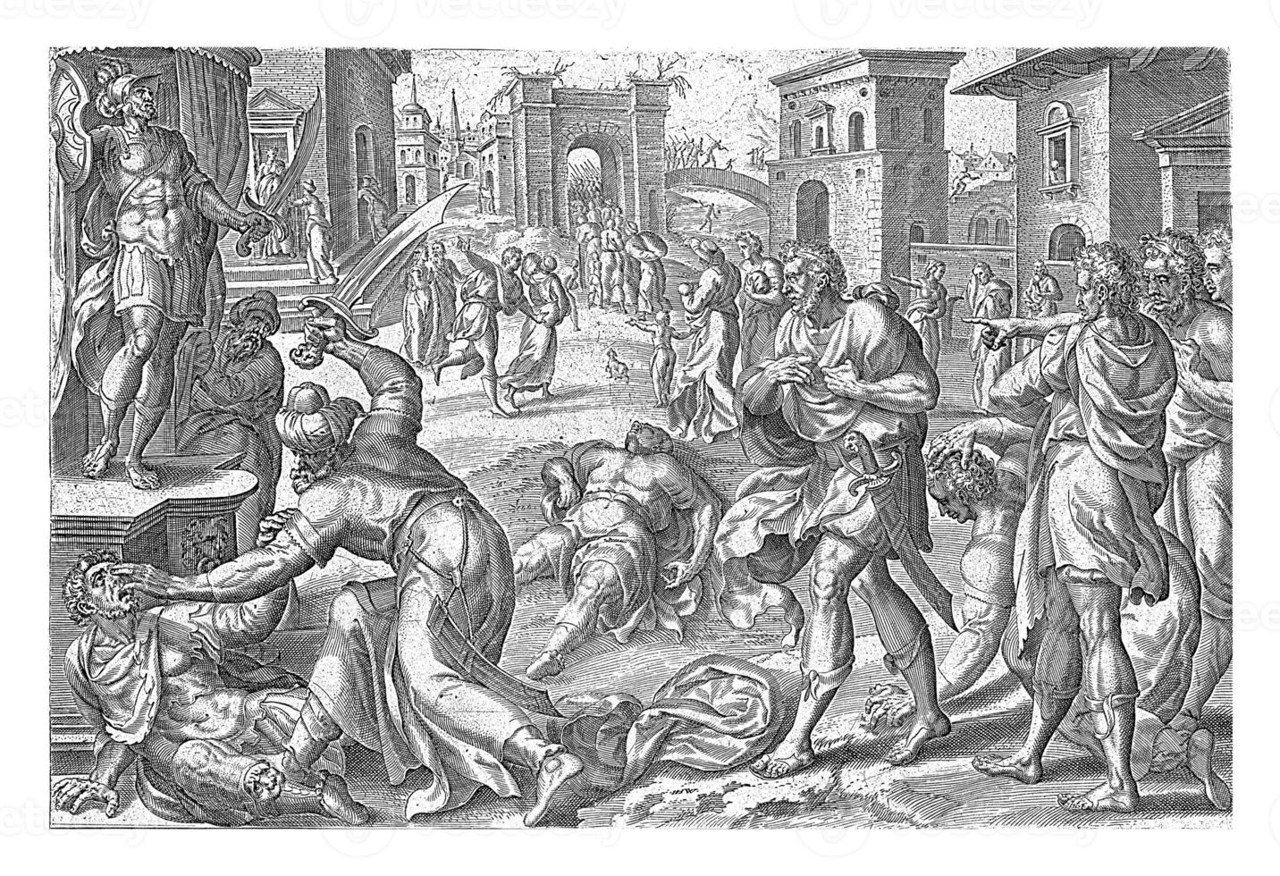 Mattatias kills a Jew and an envoy of the king, Johannes Wierix, after Gerard van Groeningen, 1579 photo