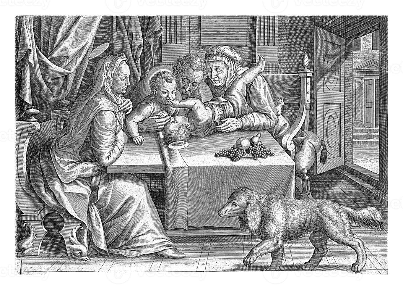 Holy Family with Elisabet and John the Baptist, Antonie Wierix II, after Cornelis Cort, after Frans Floris I, 1565 - before 1591 photo