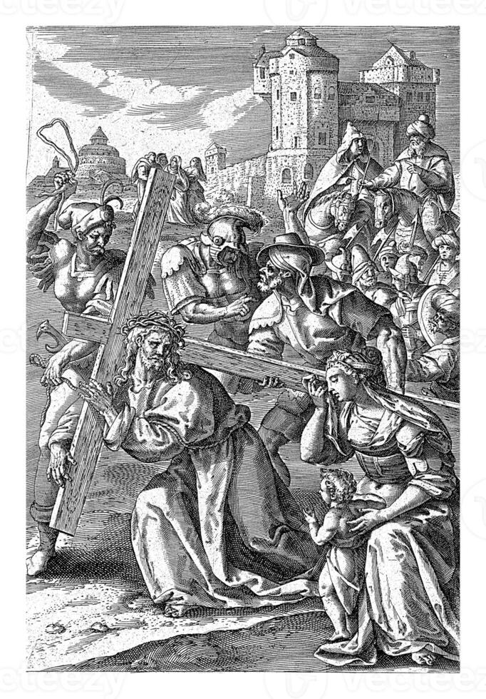 Llevando de el cruz, antonio wierix yo, después maerten Delaware vos, 1583 - 1587 foto