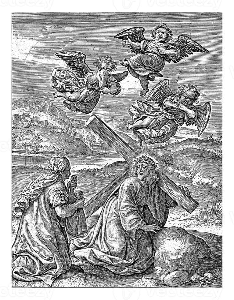 Llevando de el cruzar de Cristo con verónica, johannes wierix, 1559 - antes de 1620 foto