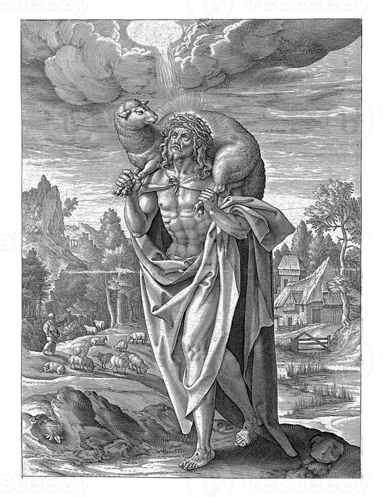 Christ as Good Shepherd, Hieronymus Wierix, after Maerten de Vos, 1563 - before 1611 photo