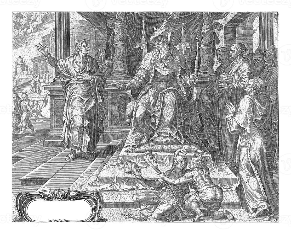 Daniel refuses to honor the deity Bel, Philips Galle, after Maarten van Heemskerck, 1633 - 1678 photo