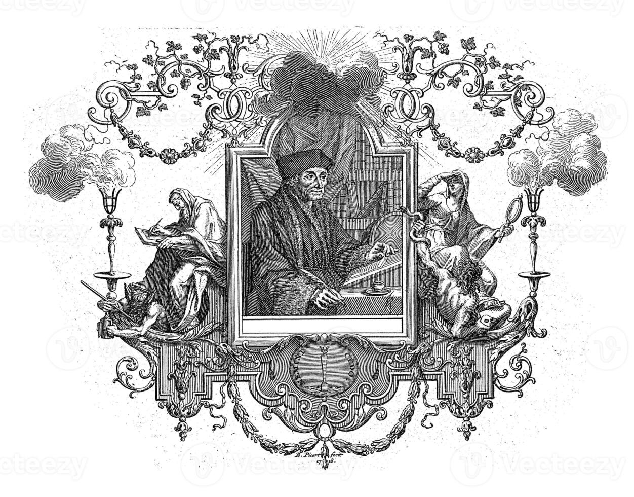 Portrait of Desiderius Erasmus in an allegorical frame, Bernard Picart, 1718 photo