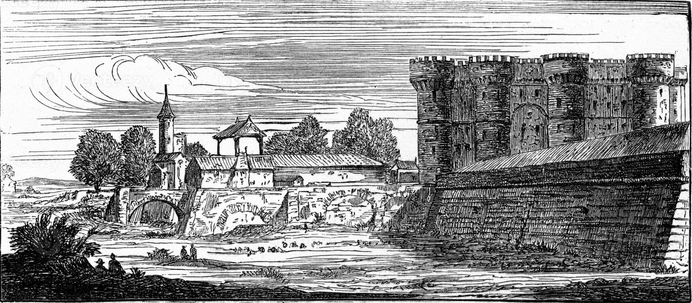 The Bastille, after an old engraving of the topography of Paris, vintage engraving. photo