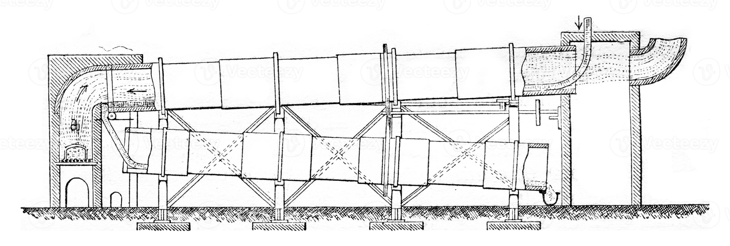 Manufacture of alumina, Rotary kiln for the calcination of bauxite, vintage engraving. photo