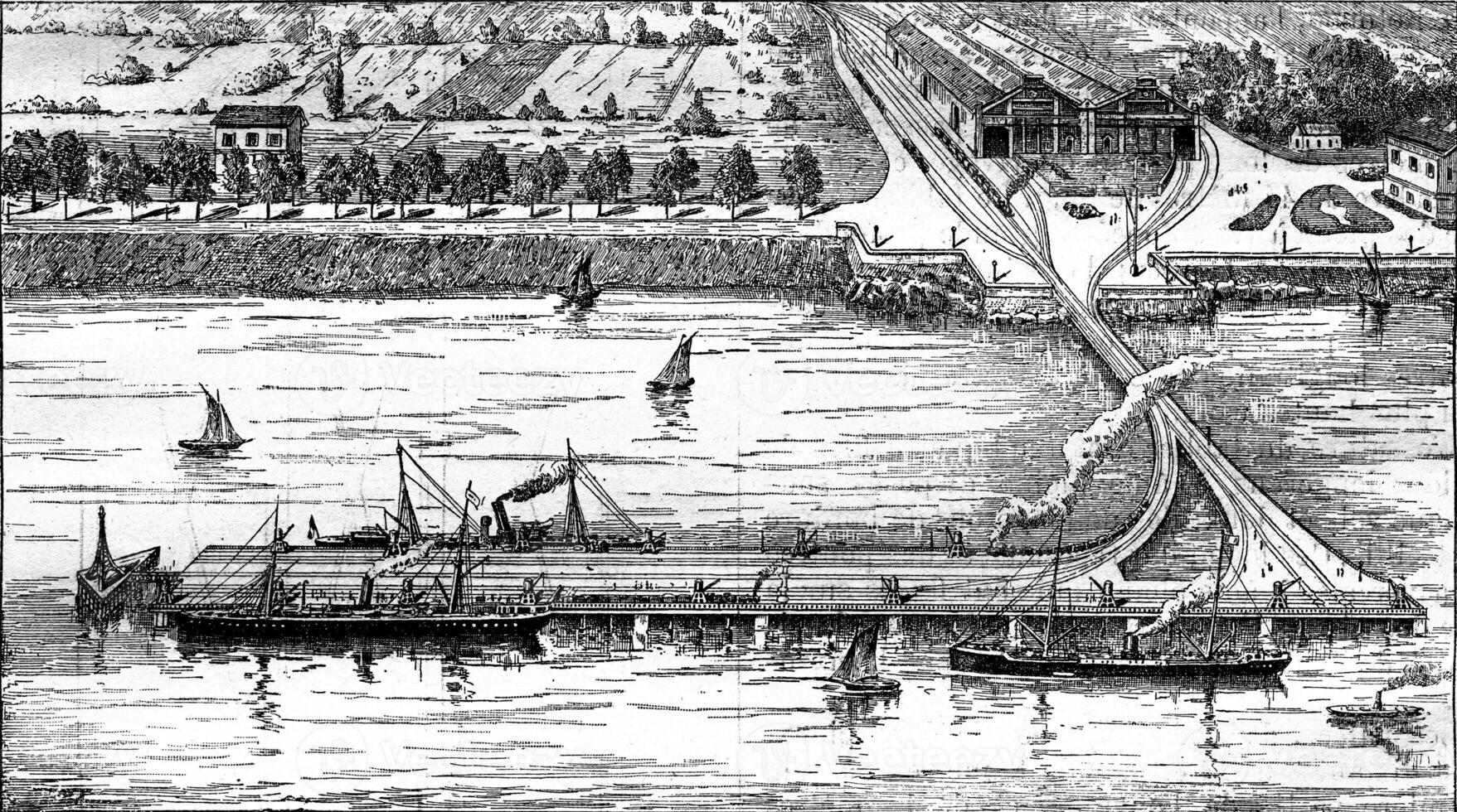 View Pauillac pier, vintage engraving. photo