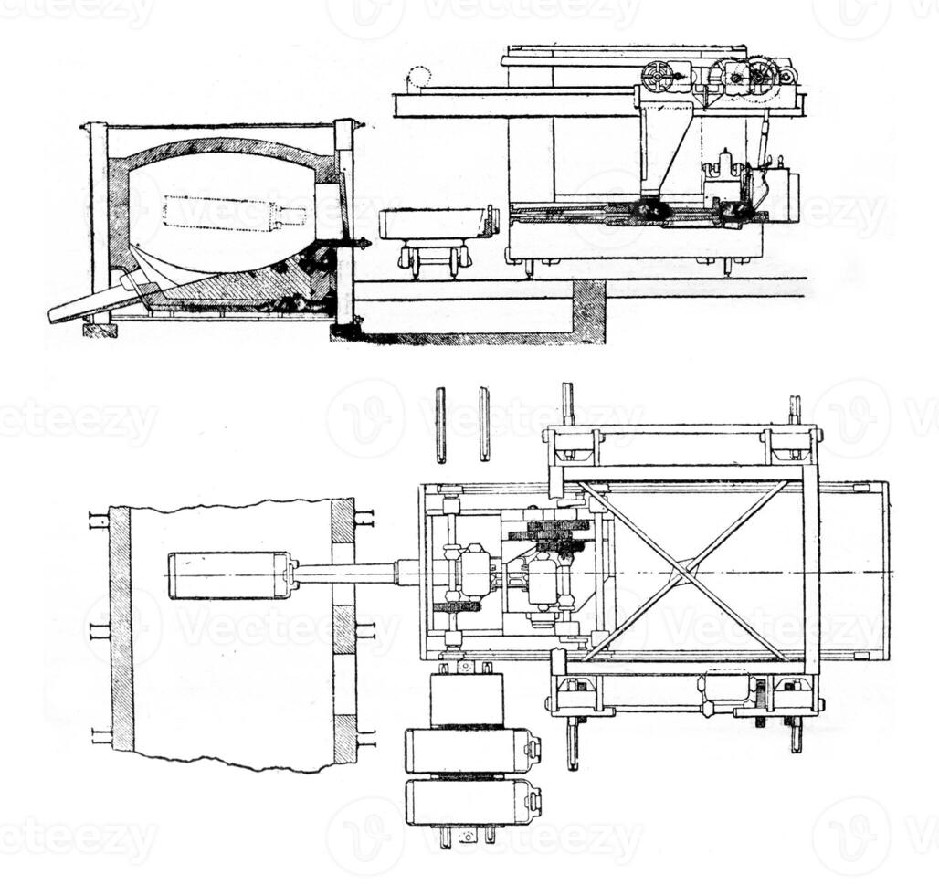 Wellmann device to load the Martin furnaces, vintage engraving. photo