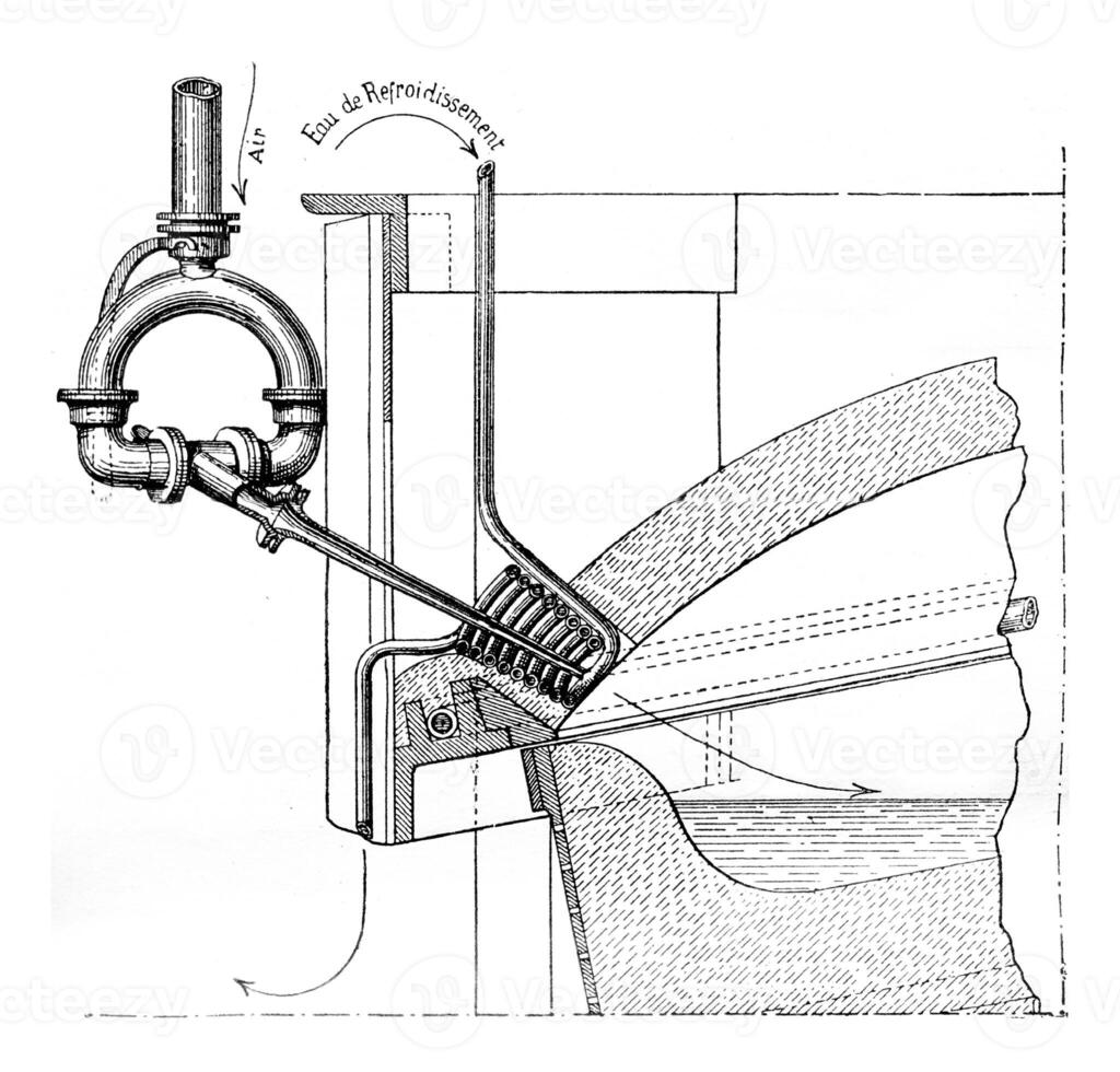 Lencauchez nozzle for blowing in a rotary hearth furnace, vintage engraving. photo
