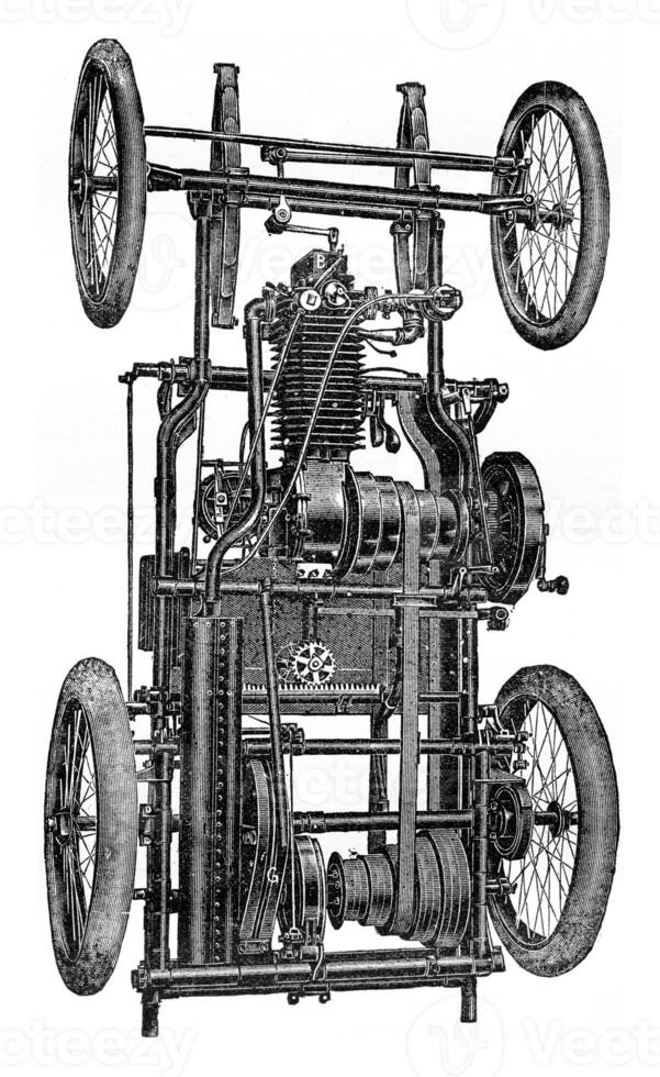 Frame type, horizontal motor mixed transmissions, vintage engraving. photo