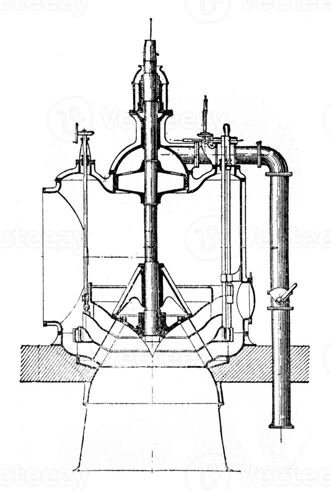 Section on the axis of a turbine generator, vintage engraving. photo