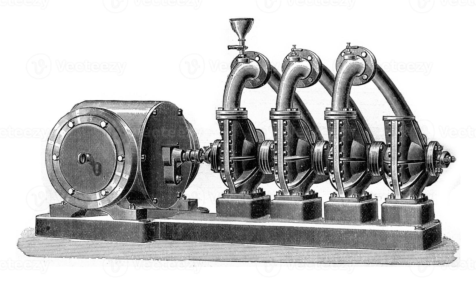 Group of four conjugates pumps, Dumont system, actuated by an electric motor operating in a wet well, vintage engraving. photo