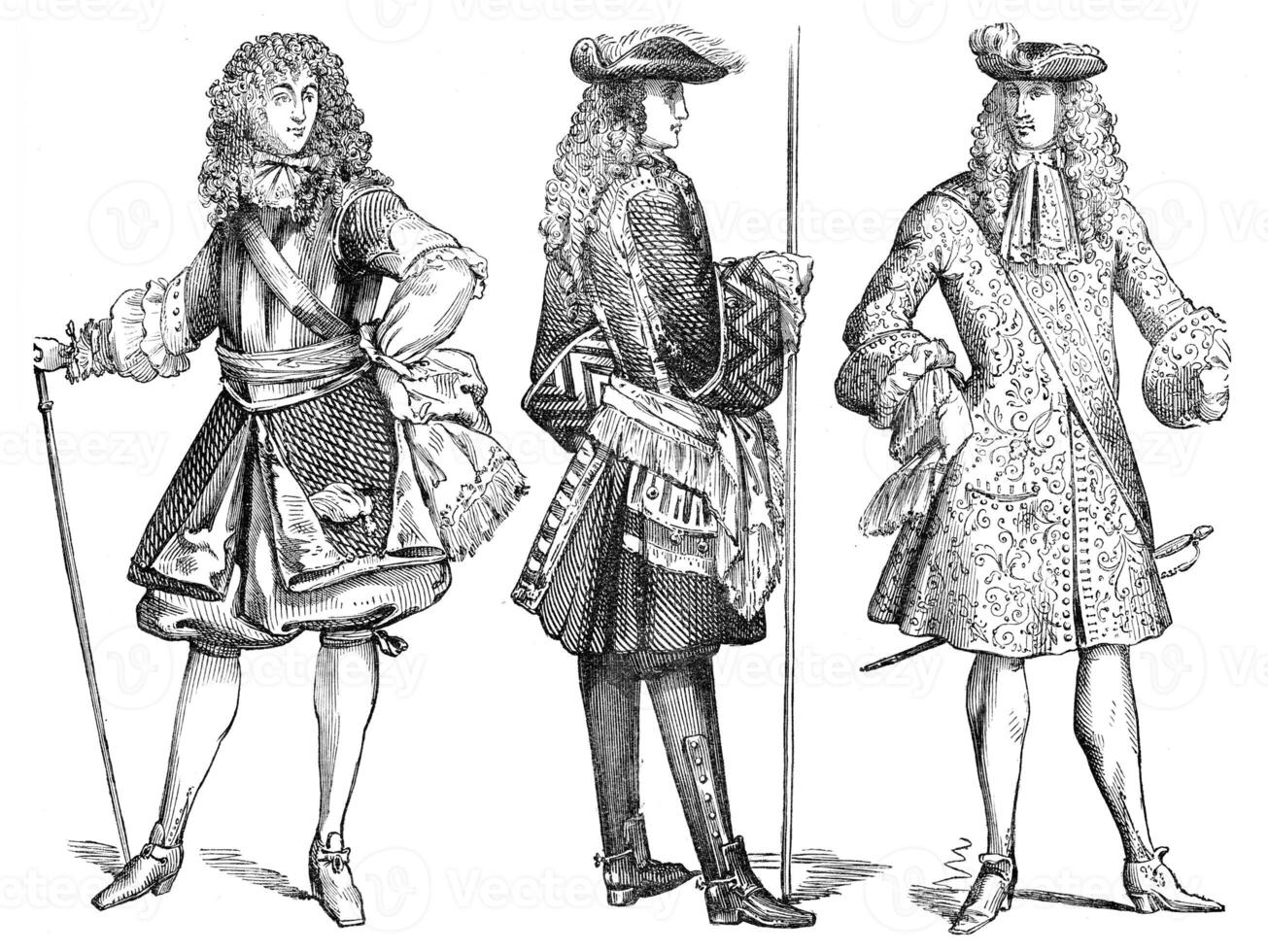 General Officer 1670, an infantry officer 1703 and lieutenant of the Guards 1683, vintage engraving. photo