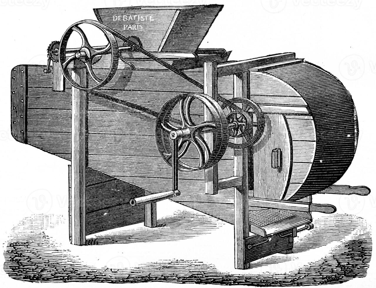 Machine crushing and winnowing cocoa, vintage engraving. photo