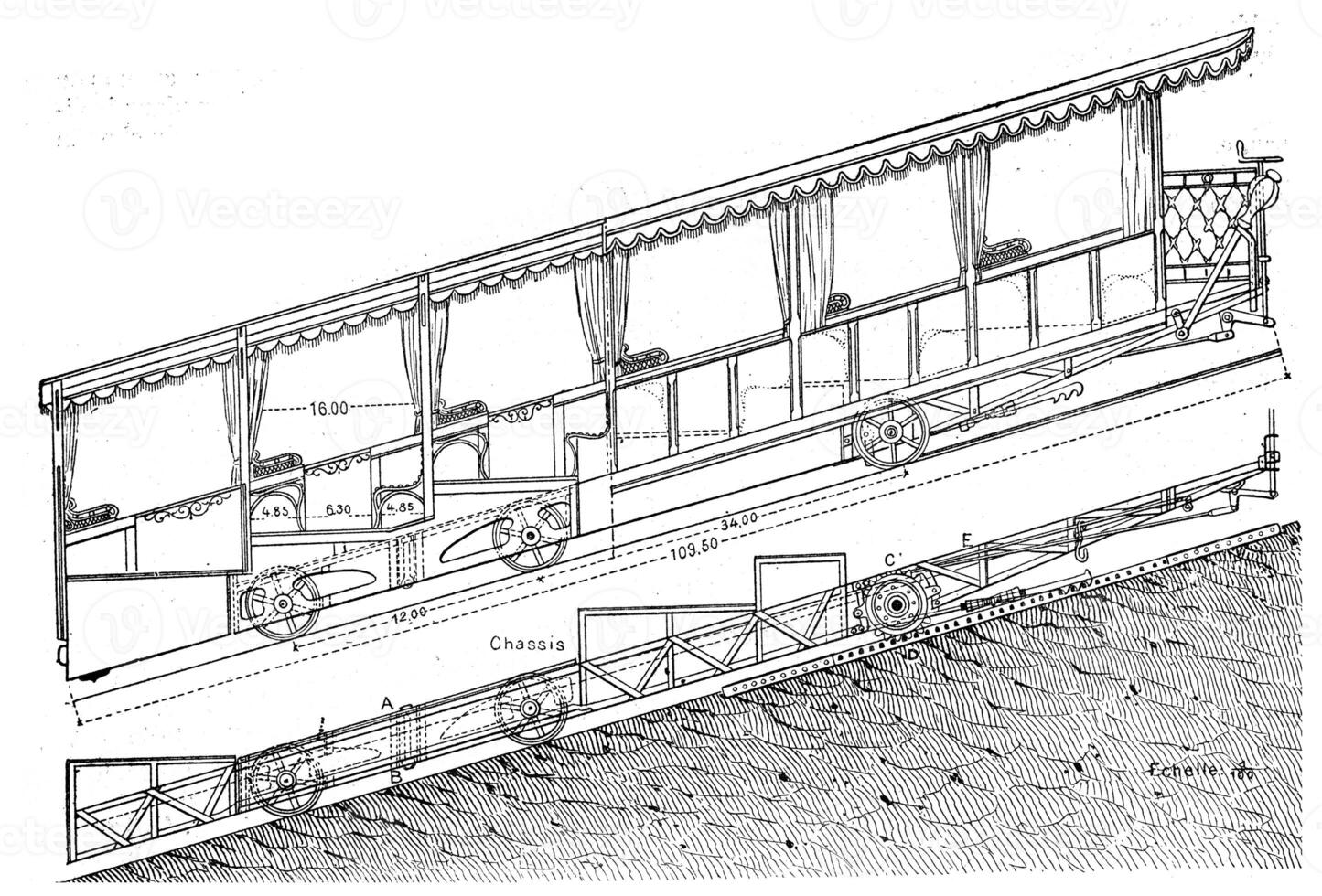 Railway Giessbach, Exterior and cutting freight car and its frame, vintage engraving. photo