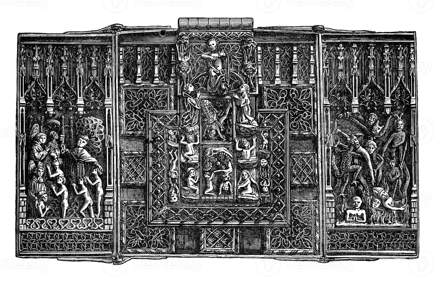 Iron lock of the fifteenth century, vintage engraving. photo