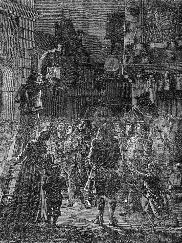 The first lanterns lit in the streets of Paris in 1558, vintage photo