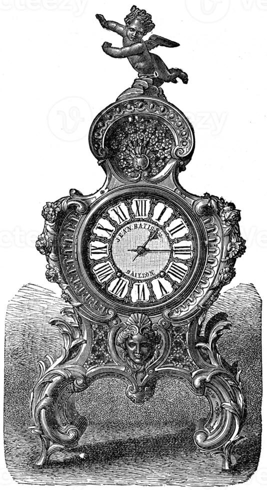 Pendulum of rococo style, vintage engraving. photo