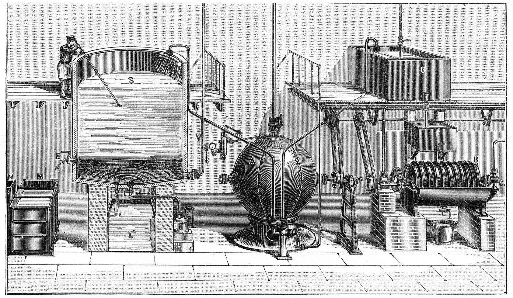 Soap making in isolation, extraction with glycerin, vintage engraving. photo