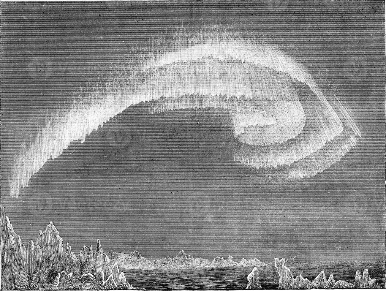 Appearance of the aurora borealis in south in evening, Bossekop Finnmark, vintage engraving. photo