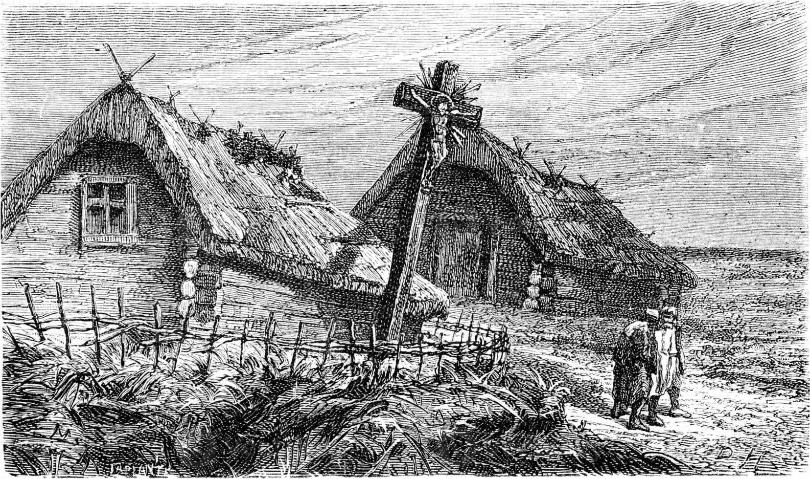 Cross at the entrance of a Lithuanian village, vintage engraving. photo